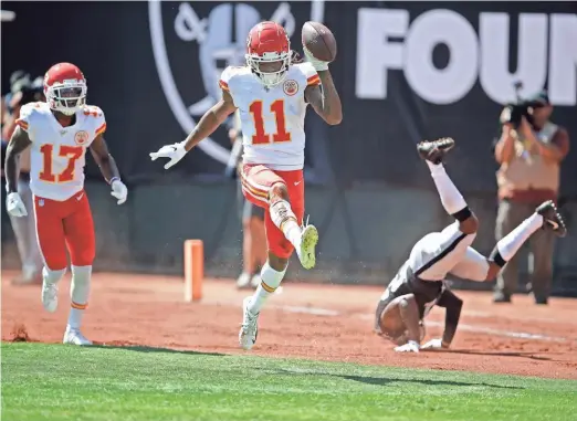  ?? ASSOCIATED PRESS ?? Chiefs wide receiver Demarcus Robinson had a monster Week 2, catching six passes for 172 yards and two touchdowns.