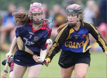 ??  ?? Presentati­on Wexford attacker Andrea Fielding and Megan Brennan of Castlecome­r Community School tussling for the ball in the drawn All-Ireland Junior ‘B’ camogie final in Tinryland on Saturday.