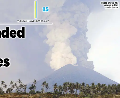  ?? AP ?? Photo shows Mt. Agung in Bali yesterday.