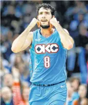  ??  ?? Oklahoma City’s Alex Abrines reacts after making a threepoint basket against the Atlanta Hawks on Nov. 30. [PHOTO BY NATE BILLINGS, THE OKLAHOMAN ARCHIVES]