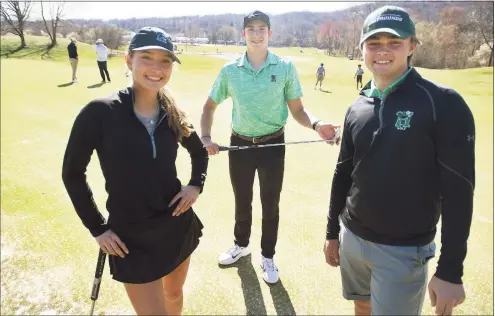  ?? Brian A. Pounds / Hearst Connecticu­t Media ?? From left: sophomore Sophia Sarrazin, junior Ben James, and senior Jackson Roman lead the Hamden Hall golf team into the new spring season at Great River Country Club in Milford on April 7.