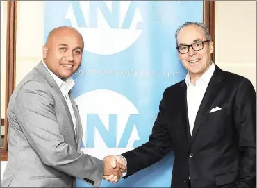  ?? PHOTO: SUPPLIED ?? ANA chief executive Grant Fredericks and Sagarmatha chief executive Paul Lamontagne shake hands on a trailblazi­ng deal.