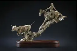  ??  ?? Curt Mattson, Catchin’ a Quitter, bronze, 15 x 18¼ x 6”