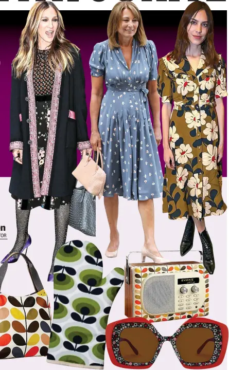  ??  ?? Flower power: Kiely’s designs have been worn by the Duchess of Cambridge and, above from left, Sarah Jessica Parker, Carole Middleton and Alexa Chung. She also sells homeware and accessorie­s