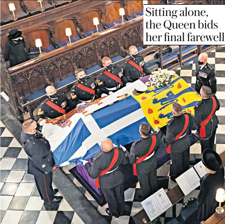  ??  ?? The Queen sits in isolation in St George’s Chapel as the Duke of Edinburgh’s coffin is placed on the catafalque. Below an image of the Queen and the Duke displayed on screens in Piccadilly Circus