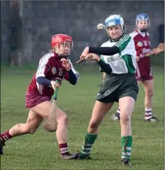  ??  ?? Cloughbawn’s Elaine Quigley looks to clear as Sarah Hobbert of St. Martin’s moves in to hook.