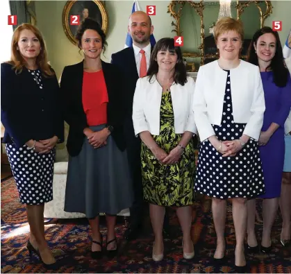  ??  ?? New(ish) Nationalis­t kids on the block: First Minister Nicola Sturgeon, centre, with her junior ministeria­l team, from left, Ash Denham, Mairi Gougeon, Ben Macpherson, Clare Haughey, Kate Forbes, Gillian Martin, Graeme Dey, Christina McKelvie and Ivan...