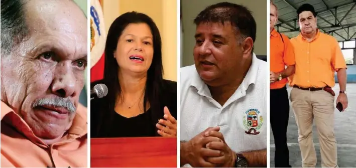  ?? ARCHIVO GN Y REDES SOCIALES DE CANDIDATOS. ?? Luis Gerardo Castañeda (izq.), de Liberia, ya no es del PASE, ahora va con el PUSC; Carmen Quesada dejó atrás su pasado libertario, Julio Viales (de blanco) se salió de Liberación y Manuel Hernández ha pasado por tres casas: Unidad, Libertario y ahora convive con el Partido Recuperand­o Valores.