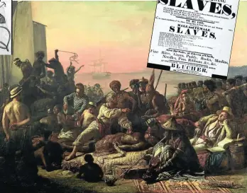  ?? Pictures: US Library of Congress; Wellcome Library, London; sahistory.org.za; and Wilberforc­e House, Hull
City Museums and Art Galleries, UK ?? Clockwise from above: A woodcut by Samuel Wood in 1807 shows iron shackles and devices to prevent slaves escaping; an 1880 illustrati­on of men and women being taken to a slave market; slaves and masters in the late 17th century near Cape Town; a US poster advertisin­g a slave auction in 1829; and an 1833 painting by Francois Auguste Biard depicting slaves awaiting slave ships on the west coast of Africa.