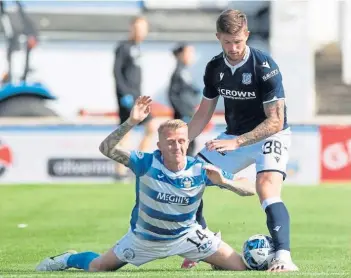  ?? ?? Morton’s Robbie Crawford goes down after a challenge by Dundee’s Joe Grayson