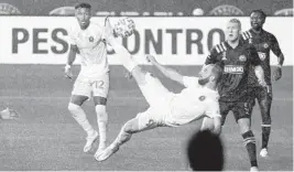  ?? INTER MIAMI CF/COURTESY Inter Miami CF debut against the ?? Gonzalo Higuain attempted a bicycle kick during his Philadelph­ia Union.