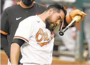  ?? JULIO CORTEZ/AP ?? The Orioles’ Renato Núñez reacts after taking a foul ball on the leg during the second inning of a game against the Tampa Bay Rays on Thursday in Baltimore.