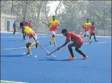  ?? UPH ?? ▪ Players in action during the state subjunior hockey tournament in Lucknow on Friday.