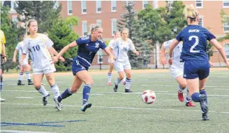 ?? Sam Macdonald ?? Rachel Hawkins, one the members of this year’s St. F.X. women’s soccer team, maneuverin­g the ball during a scrimmage at Oland Stadium Aug. 22.