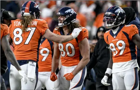  ?? AARON ONTIVEROZ — THE DENVER POST ?? Broncos tight end Greg Dulcich (80) is one of several players on the team to miss time due to a hamstring injury.