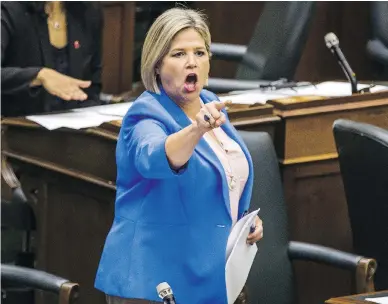  ?? ERNEST DOROSZUK / POSTMEDIA NEWS ?? Ontario NDP leader Andrea Horwath makes a point in the legislatur­e Wednesday. She was later ejected.