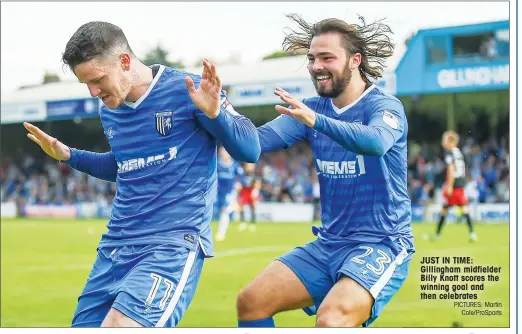  ?? PICTURES: Martin Cole/ProSports ?? JUST IN TIME: Gillingham midfielder Billy Knott scores the winning goal and then celebrates