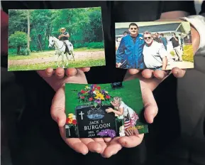  ?? [DISPATCH FILE PHOTO] ?? Rememberin­g their father, Jack Burgoon, in 2012, sisters Angel Hillberry, Melissa Barnes and Nina Allen hold photos. Hillberry holds one of him on one of his horses; Barnes holds one of daughter Madison hugging her grandfathe­r’s tombstone; and Allen holds one of son Scott Allen Jr. at his high school graduation with his grandfathe­r.