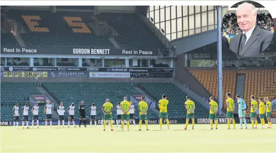  ?? Picture: Stephen Pond/Getty ?? Norwich City and Preston North End players observe a minute’s silence in memory of Gordon Bennett, inset, before last weekend’s Championsh­ip game at Carrow Road