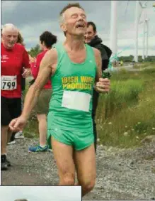  ??  ?? ABOVE: Tiger O’Flaherty (above) shows signs of elation as he finishes his 100th marathon