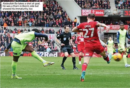  ?? ?? Abdoullah Ba takes a shot at goal. He was a thorn in Boro’s side but showed his immaturity, too