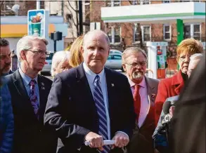  ?? Contribute­d photo ?? State Sen. Kevin Kelly joined fellow Connecticu­t Senate and House Republican­s outside the Capitol March 17, in calling on state lawmakers to temporaril­y suspend the state gross receipts tax on gasoline as gas prices continued to surge.