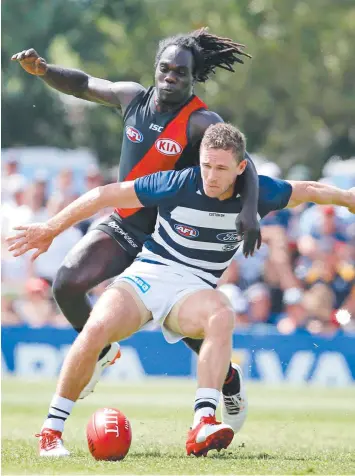  ?? Picture: MICHAEL KLEIN ?? Geelong’s Joel Selwood tussles with Essendon’s Anthony McDonald-Tipungwuti.