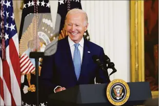  ?? Andrew Harnik / Associated Press ?? President Joe Biden speaks during a ceremony in the East Room of the White House on Wednesday.