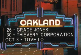  ??  ?? Grace Jones, above, rocks the Fox Theater in Oakland, left, as part of a tour to promote her memoir, “I’ll Never Write My Memoirs.” She also sang a piece from a promised new album inspired by African sounds, although the release date remains uncertain.