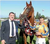  ?? RACE IMAGES SOUTH ?? Te Akau Shark with partowner Paul Gallen and jockey Opie Bosson after his win in the Gr.2 Coupland’s Bakeries Mile (1600m).