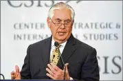  ?? JACQUELYN MARTIN / ASSOCIATED PRESS ?? Secretary of State Rex Tillerson speaks Wednesday at the Center for Strategic and Internatio­nal Studies in Washington, D.C.