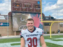  ?? KEITH GROLLER/MORNING CALL ?? Freedom High graduate Tristan Wheeler had a happy homecoming with the Richmond football team on Saturday, Sept. 17, 2022, as the Spiders beat Lehigh 30-6 at Goodman Stadium. Wheeler made six tackles and his teammate, fellow Lehigh Valley native Jake Herres, had seven catches for 67 yards. Herres is an Easton grad.