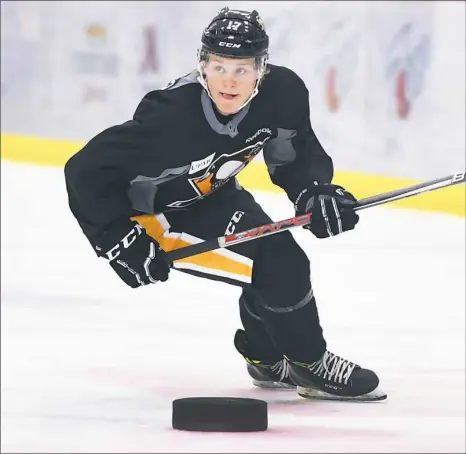  ?? Peter Diana/Post-Gazette ?? Kasper Bjorkqvist, the Penguins’ second-round pick in 2016, struggled in his freshman season at Providence College, scoring three goals and recording six assists. Here, he skates Friday at UPMC Lemieux Sports Complex in Cranberry.