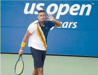  ?? THE ASSOCIATED PRESS ?? Nick Kyrgios reacts against Pierre-Hugues Herbert on Thursday during the second round of the U.S. Open in New York. Kyrgios won 4-6, 7-6 (6), 6-3, 6-0.