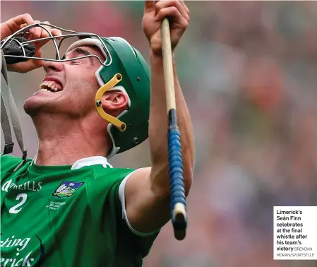  ?? BRENDAN MORAN/SPORTSFILE ?? Limerick’s Seán Finn celebrates at the final whistle after his team’s victory