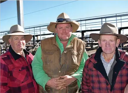  ?? PHOTO: CASSANDRA GLOVER ?? CATTLE SALE: Famous faces down at the Toowoomba Saleyards, Noel and Neville Dowling, with Andrew Kahler (centre) braving a cold day as they keep an eye on the market.