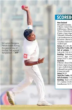  ?? — AFP ?? Sri Lanka’s Rangana Herath bowls during the second day of the first Test against Bangladesh.