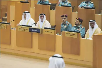  ?? Leslie Pableo for The National ?? Sheikh Saif bin Zayed, Deputy Prime Minister and Minister of Interior, during yesterday’s Federal National Council session in Abu Dhabi