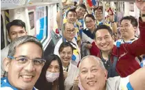  ??  ?? MVP taking the subway to watch the Gilas game in Foshan, China with Al Panlilio, Dr. Rafael Bejar, Ricky Vargas, the author, Abet Dungo and Gilas supporters.