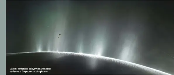  ??  ?? Cassini completed 23 flybys of Enceladus and several deep dives into its plumes