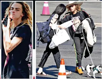  ?? ?? Dishevelle­d: A smoking Cara Delevingne goes shoeless to board plane in LA