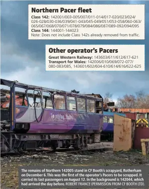  ?? ROBERT FRANCE (PERMISSION FROM CF BOOTH LTD). ?? The remains of Northern 142005 stand in CF Booth’s scrapyard, Rotherham on December 6. This was the first of the operator’s Pacers to be scrapped. It carried its last passengers on August 12. In the background is 142044, which had arrived the day before.