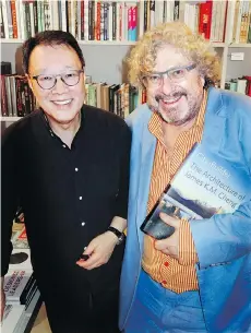  ??  ?? James K.M. Cheng and writer Trevor Boddy presented City-Builder: The Architectu­re of James K.M. Cheng at a ceremony in the Inform store.