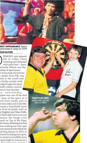  ??  ?? JEST APPEARANCE Dexy’s used image of Jocky on TOTP THAT’S MY BOY Jocky with his son John in 1984 A-OCHE Jocky in action at the British Open