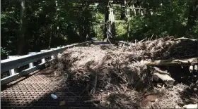  ?? BILL UHRICH — MEDIANEWS GROUP ?? Debris from the flooding of the Ironstone Creek clogs the bridge by the Ironstone Park on Grist Mill Road in Douglass (Berks) Township.