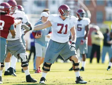  ?? KENT GIDLEY/ALABAMA PHOTO ?? Alabama redshirt junior left guard Ross Pierschbac­her is hoping to stay put this season after shifting positions days before last year’s opener against Southern California.