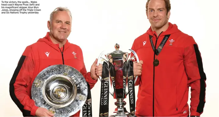  ??  ?? To the victors, the spoils... Wales head coach Wayne Pivac (left) and his magnificen­t skipper Alun Wyn Jones, showing off the Triple Crown and Six Nations Trophy yesterday