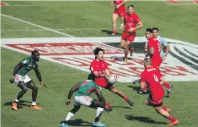  ?? Chris Whiteoak / The National; Getty ?? Anti-clockwise from far left: The Sevens stadium was built in 423 days; action from Canada v Kenya in the 2017 Emirates Airlines Dubai Rugby Sevens, which was won by South Africa