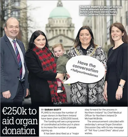  ??  ?? TALKING POINTS Dr Michael Mcbride, Seph Ni Mheallain and son Daithi, Belfast Lord Mayor Deirdre Hargey and Dr Catherine Coyle yesterday