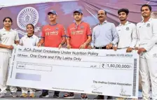  ?? K.R. DEEPAK ?? Delhi Capitals director Sourav Ganguly and DC’s head coach Ricky Ponting releasing ₹1.5 crore given by Andhra Cricket Associatio­n for nutrition for budding cricketers along with ACA Secretary Gopinath Reddy in Visakhapat­nam on Tuesday.